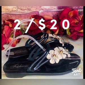 Fashion Nova Black and Cream Beaded Floral Jelly Thong Sandals